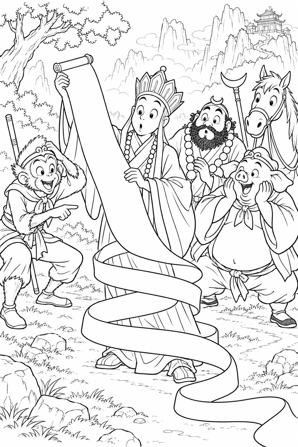 Comical Journey to the West：Sanzang's scroll coloring page