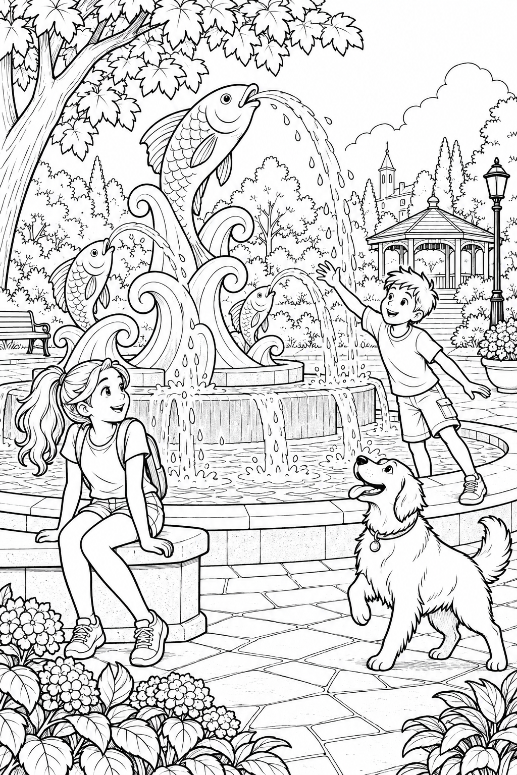 Dibujo de Plaza de esculturas del parque — verano para colorear
