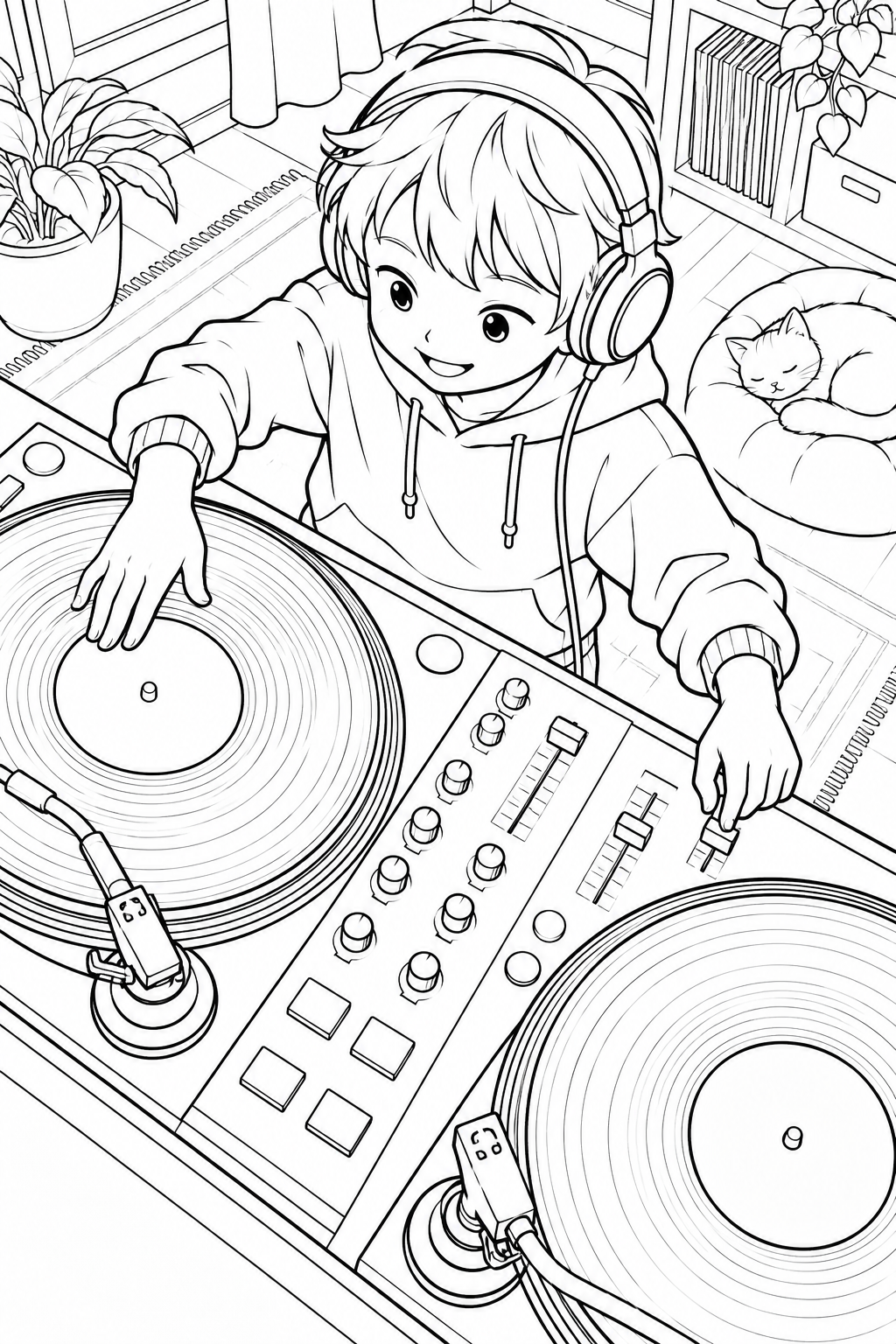レコードを回す小さなDJの塗り絵