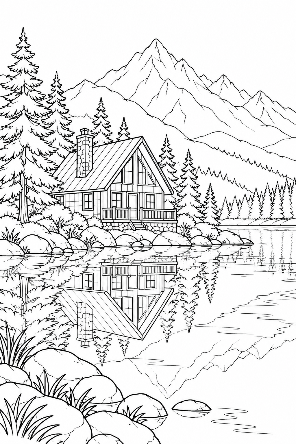 湖に映る三角屋根の山小屋の塗り絵