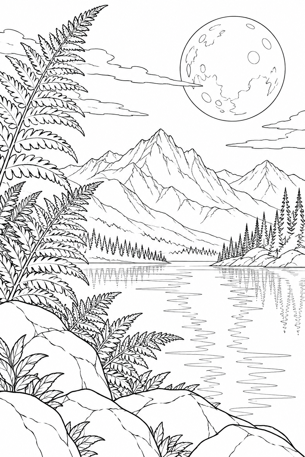 高山湖とシダと満月の塗り絵
