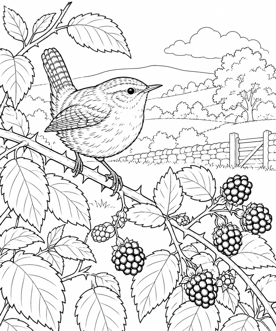 Gambar mewarnai Pemandangan alami: Burung wren dan semak berduri