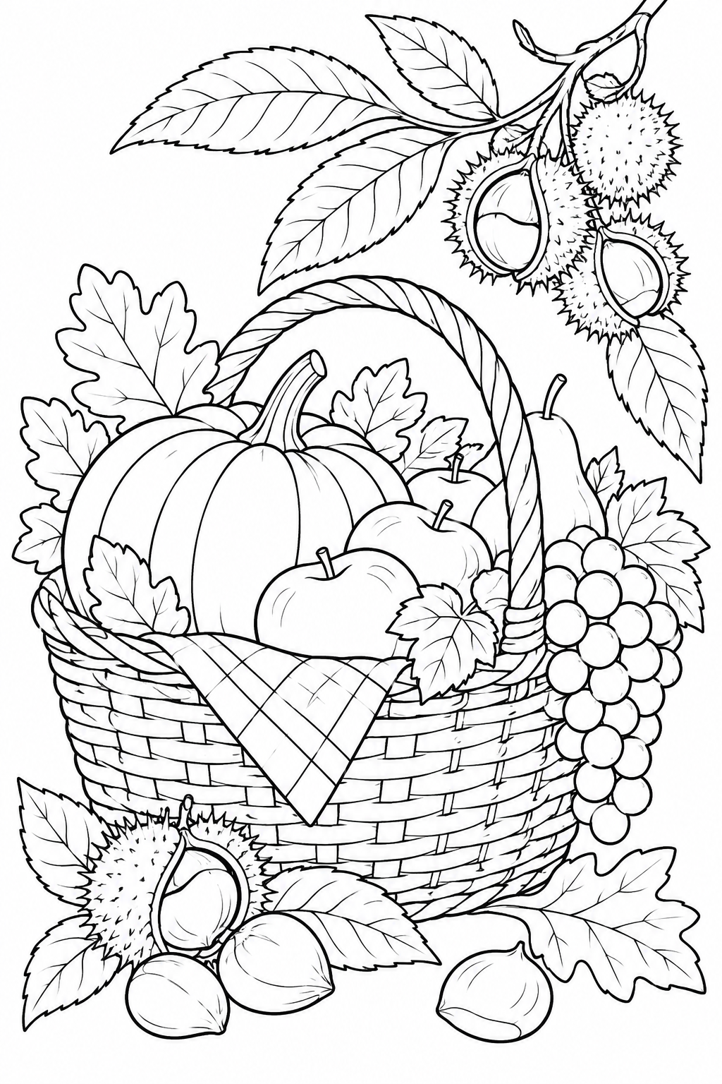 収穫かごと栗の枝の塗り絵