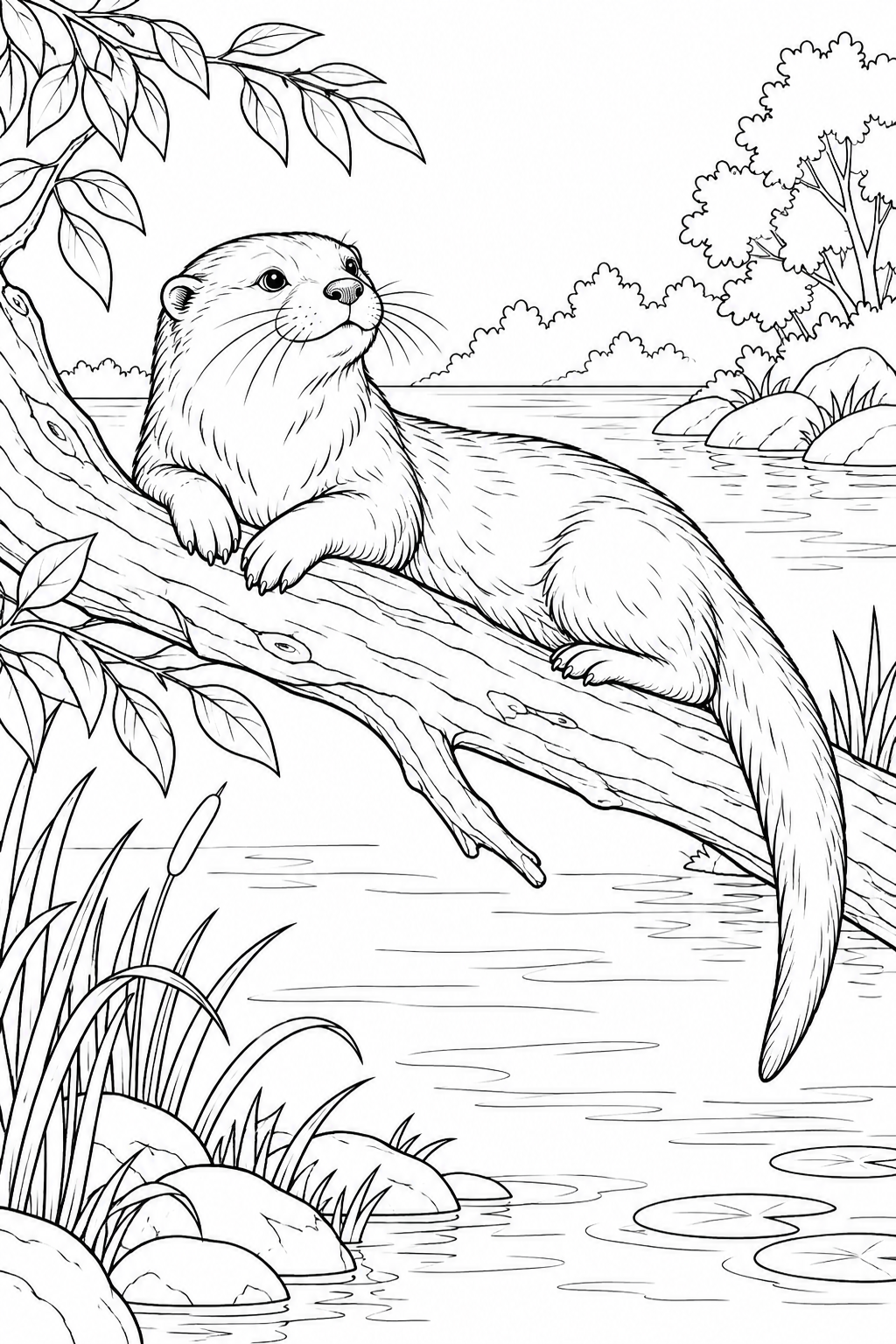 水辺の枝でくつろぐカワウソの塗り絵
