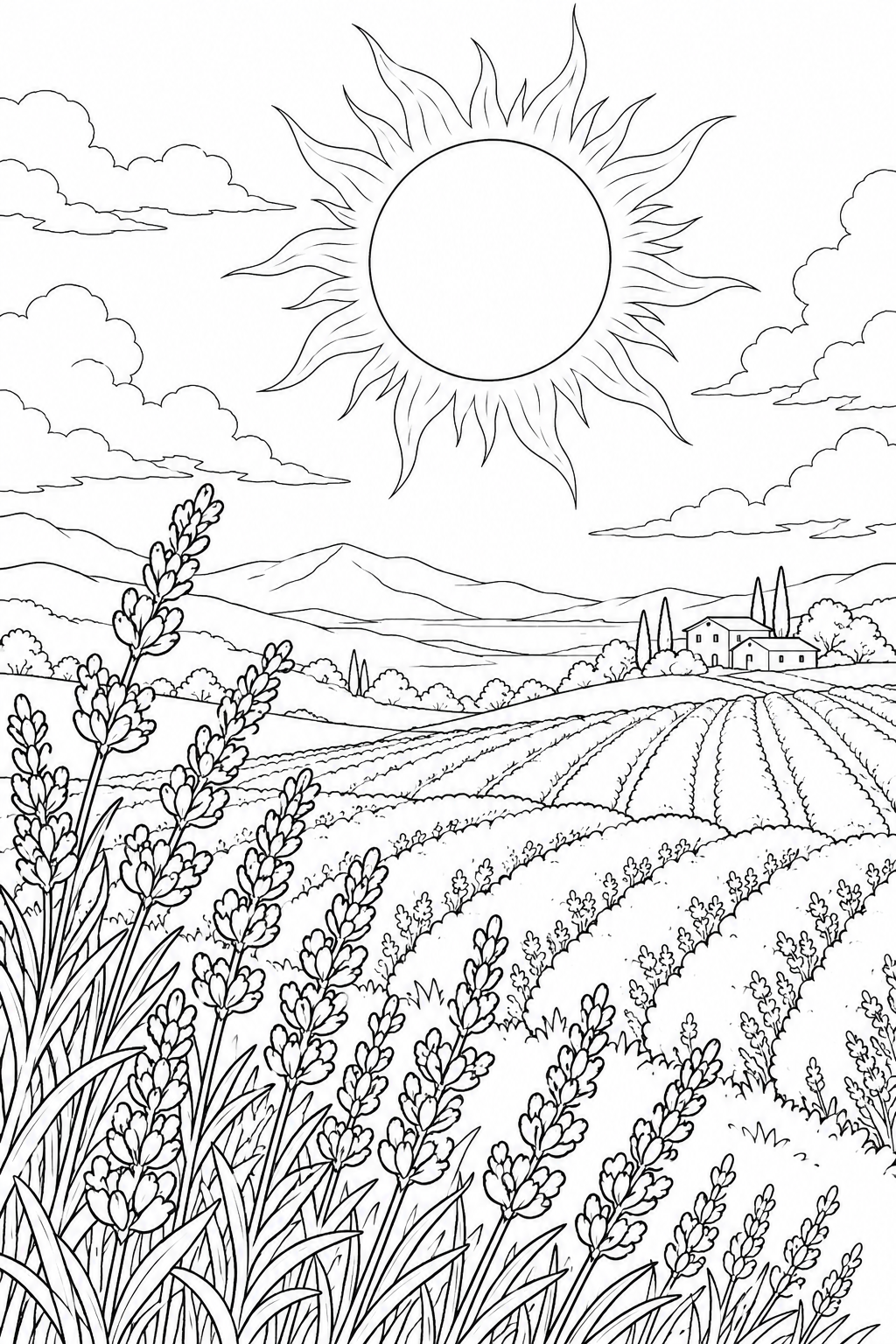 ラベンダーの丘と日食の光の輪の塗り絵