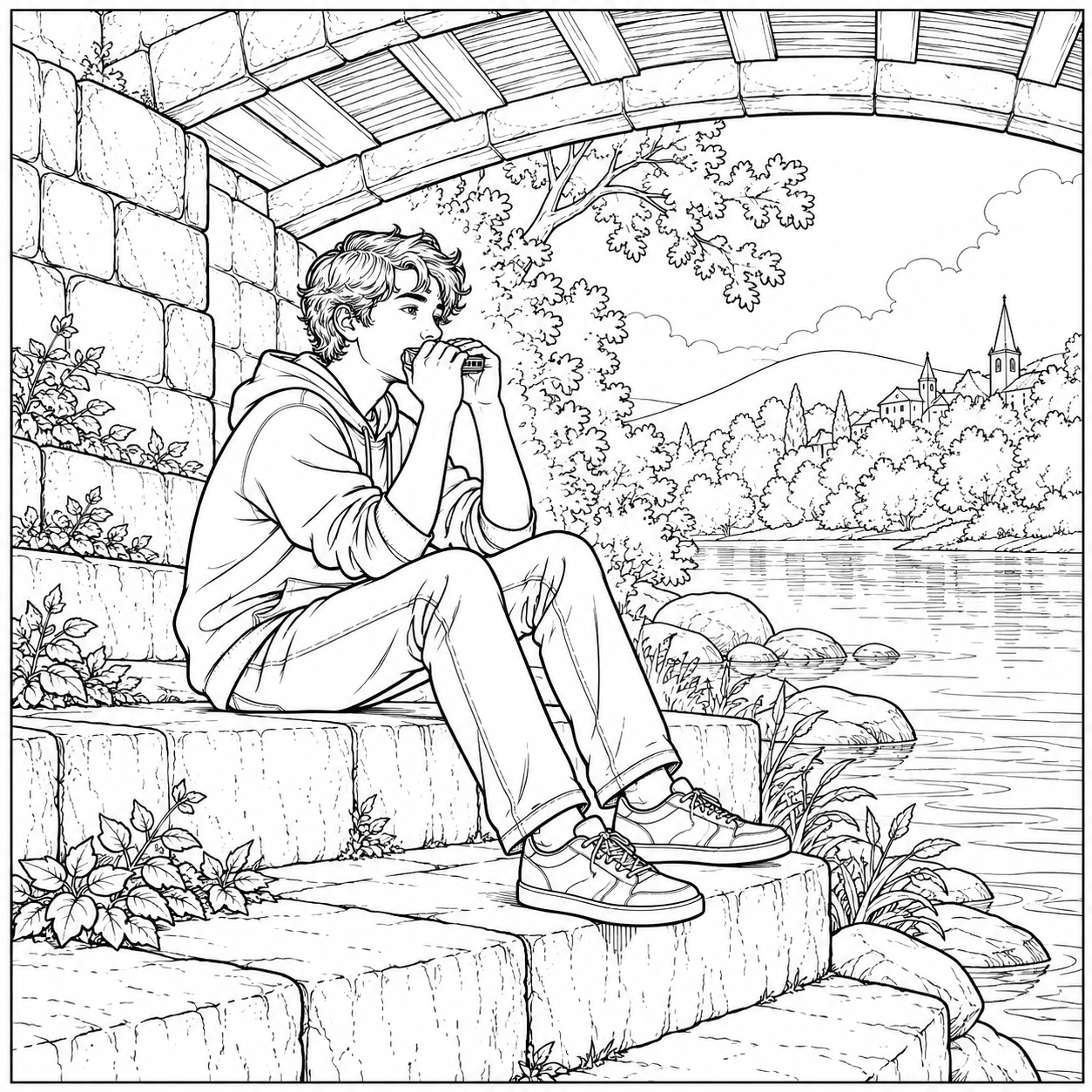 Harmonica beneath a bridge coloring page