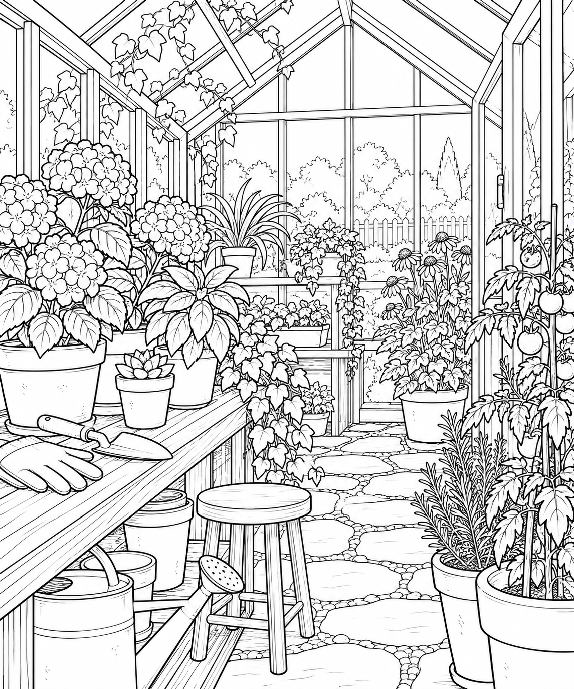 観察スケッチ:小さな温室と植木鉢の塗り絵