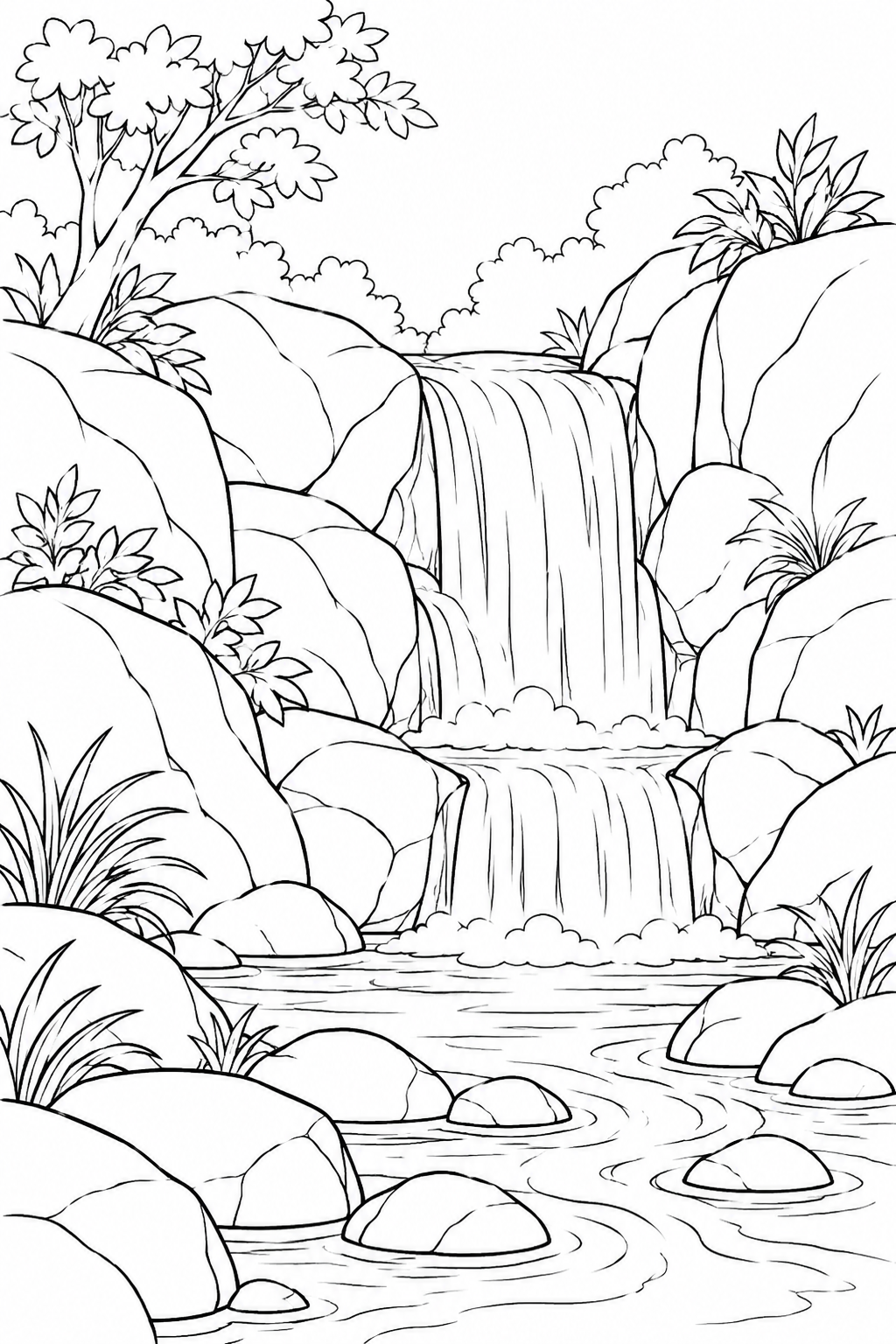 Dibujo de Pequeña cascada entre rocas para colorear