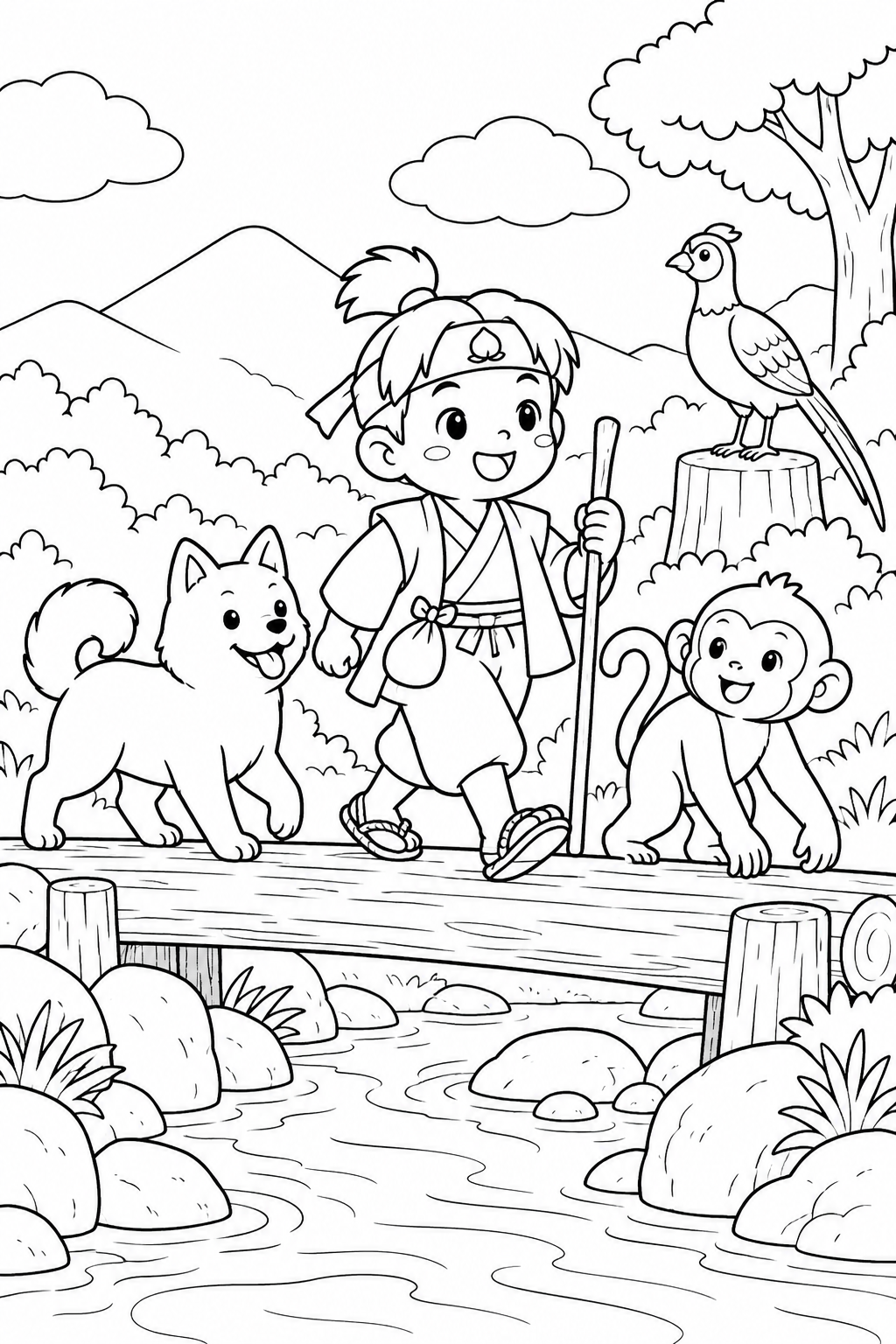 ほっこり桃太郎:桃太郎一行の丸太橋の塗り絵