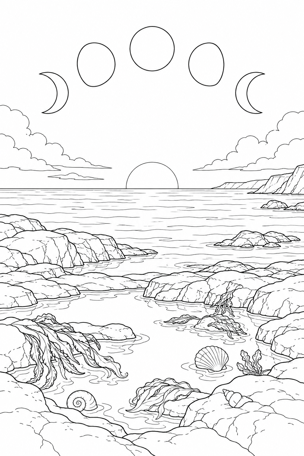 潮だまりの岩礁と月の満ち欠けの塗り絵