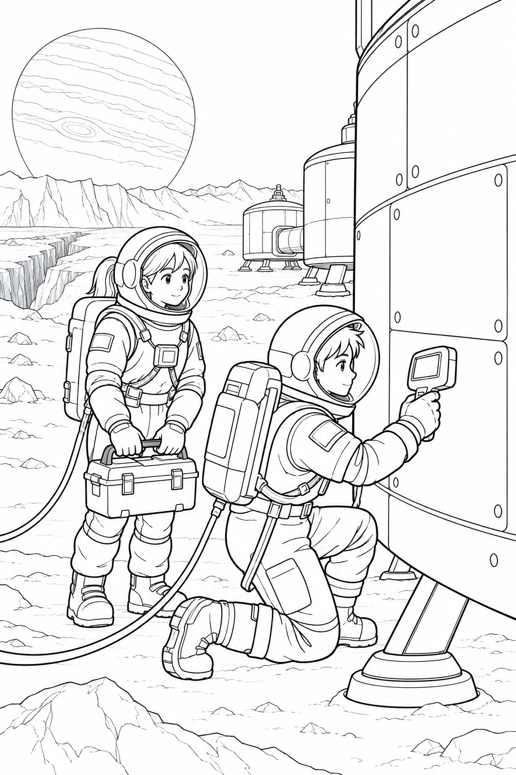 Dibujo de Base de exploración de la luna helada: Equipo inspeccionando el casco exterior para colorear