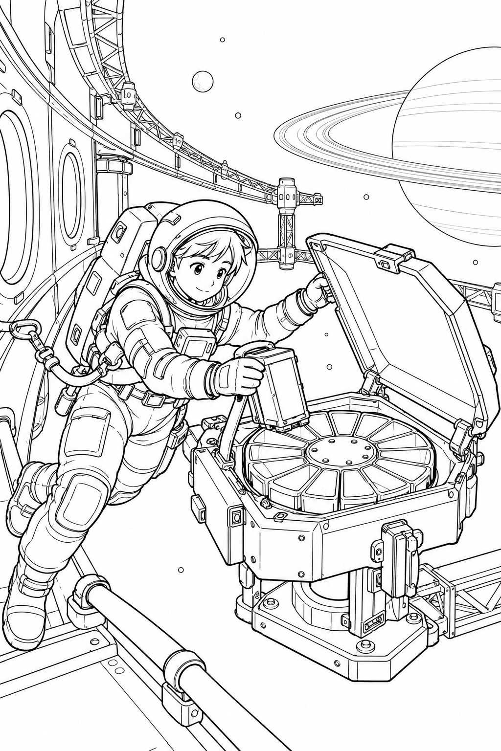 環のある惑星の軌道基地:宇宙のちりを集める装置の塗り絵