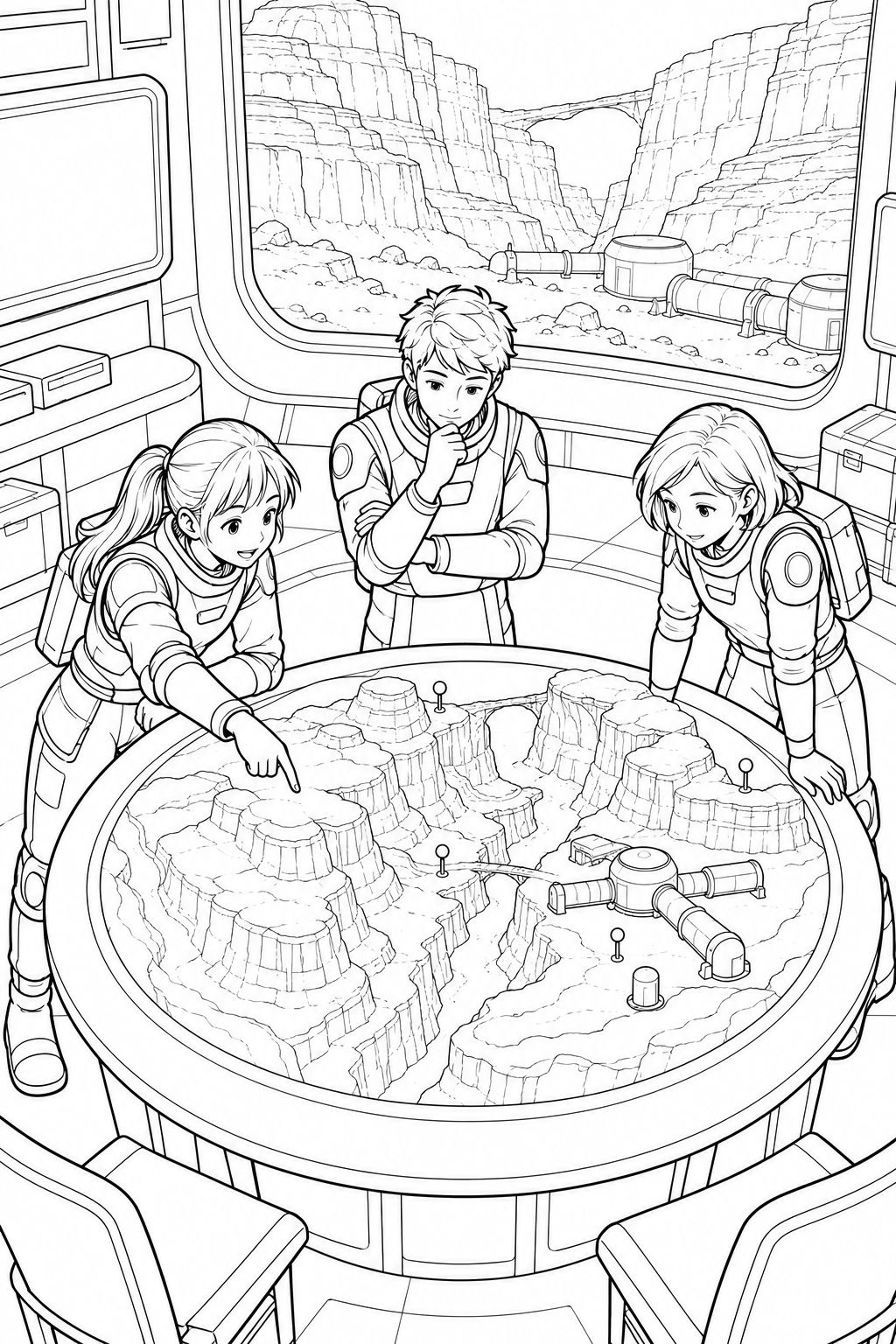 火星の峡谷基地:地形模型と作戦会議の塗り絵