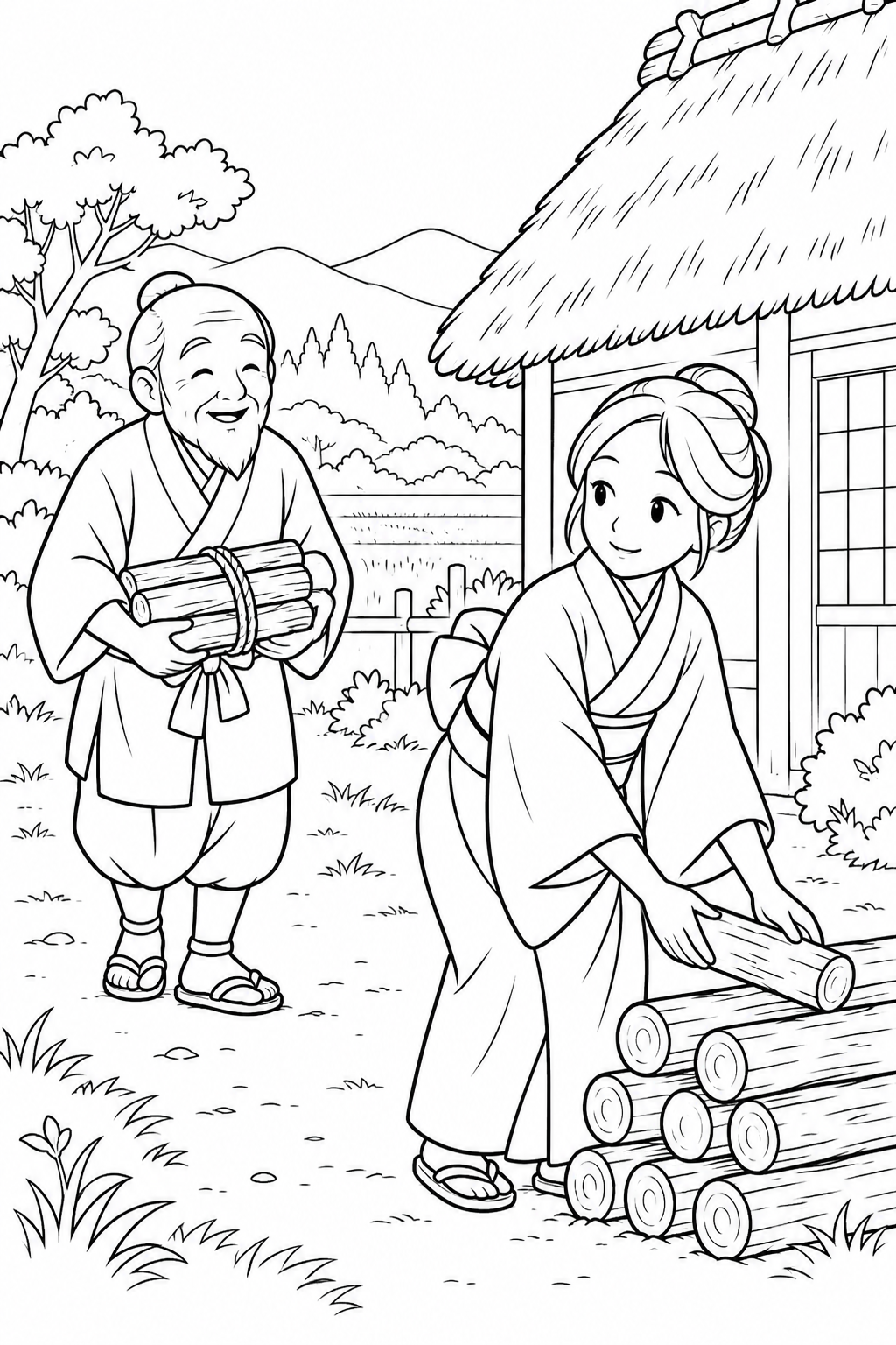 つるの恩返し:軒先で薪のお手伝いの塗り絵