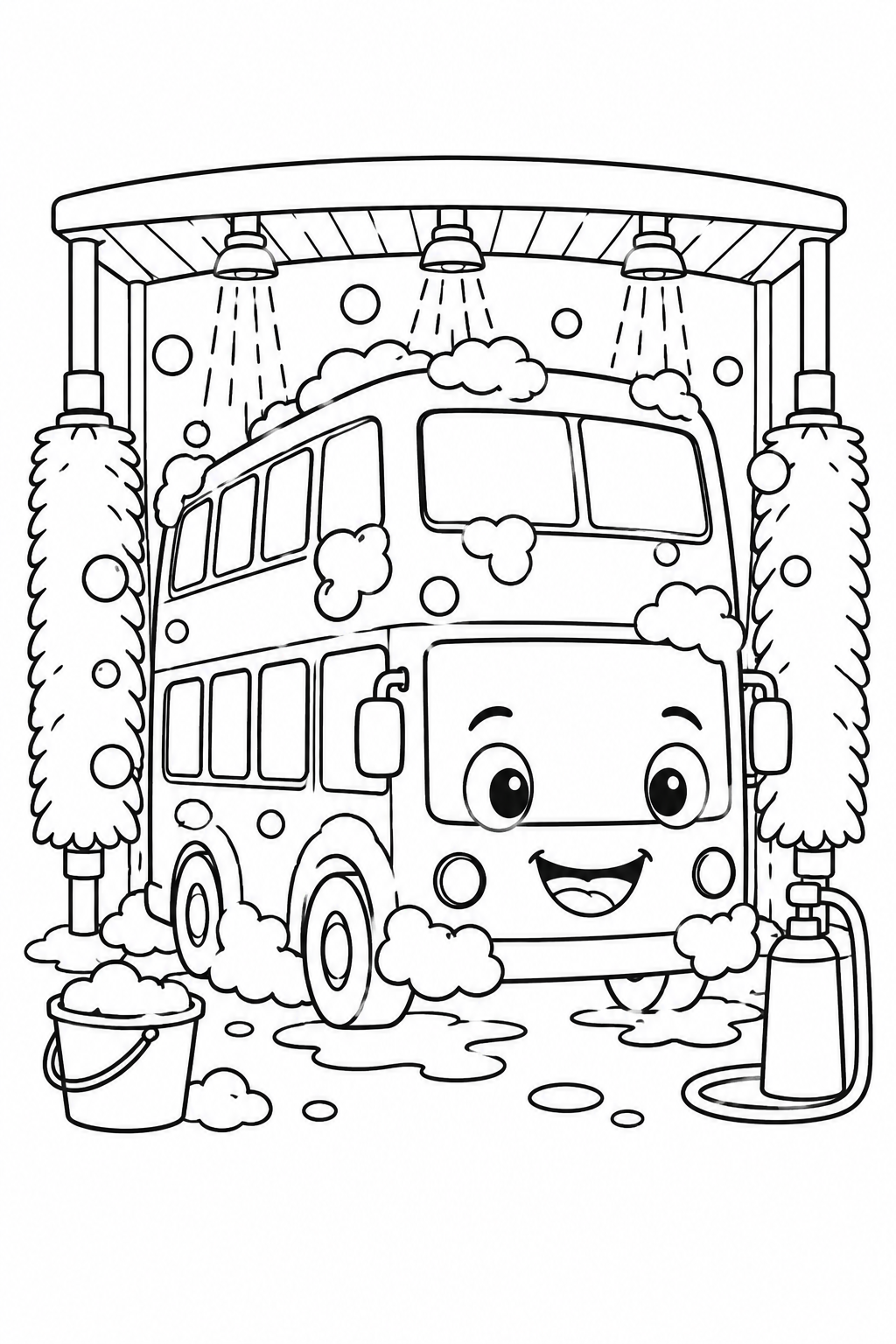 Dibujo de El autobús de dos pisos en el lavadero de coches para colorear