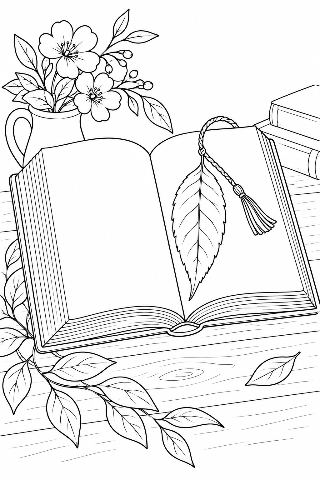 読みかけの本と栞の葉の塗り絵