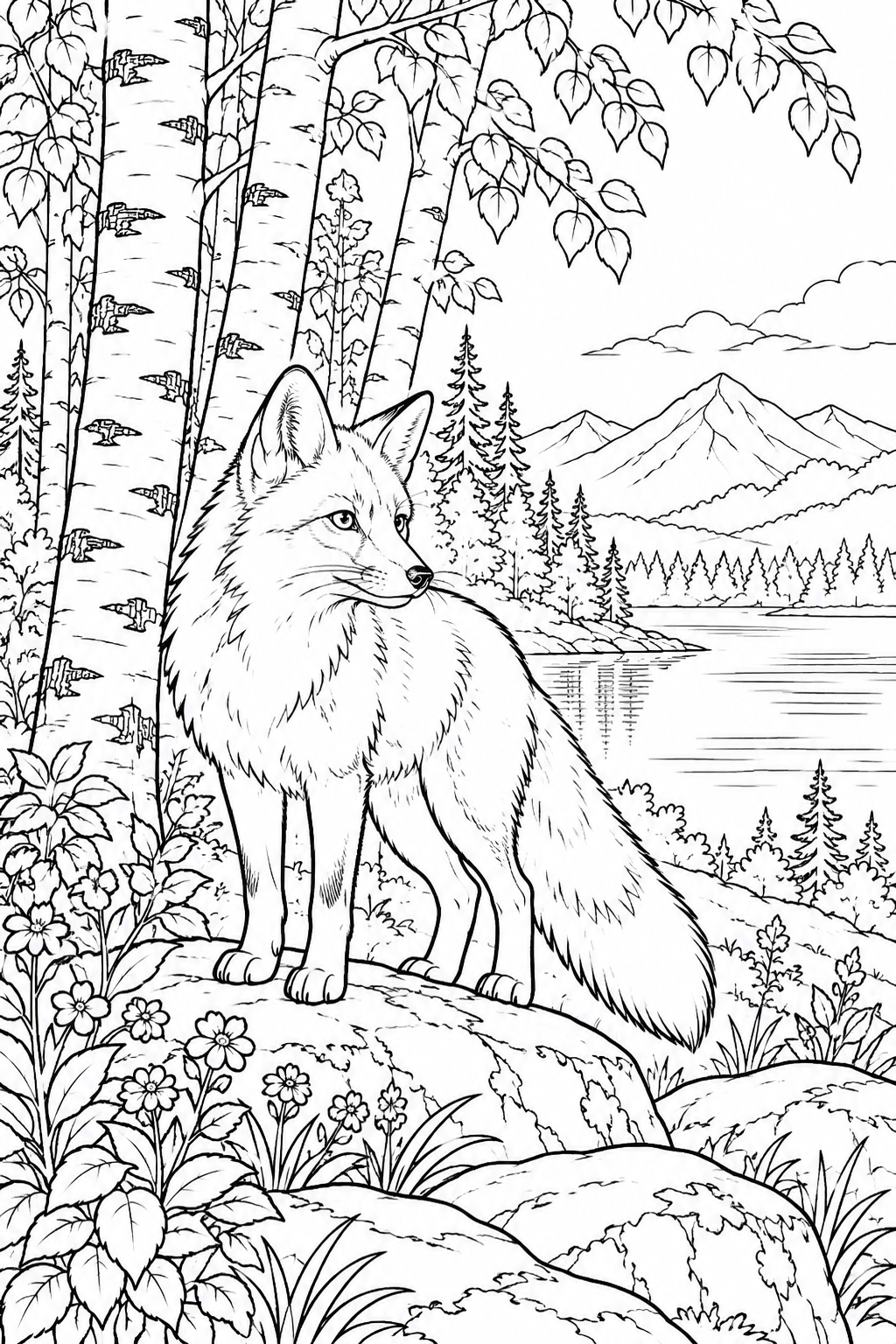 自然のひとこま：キツネと白樺の林の塗り絵