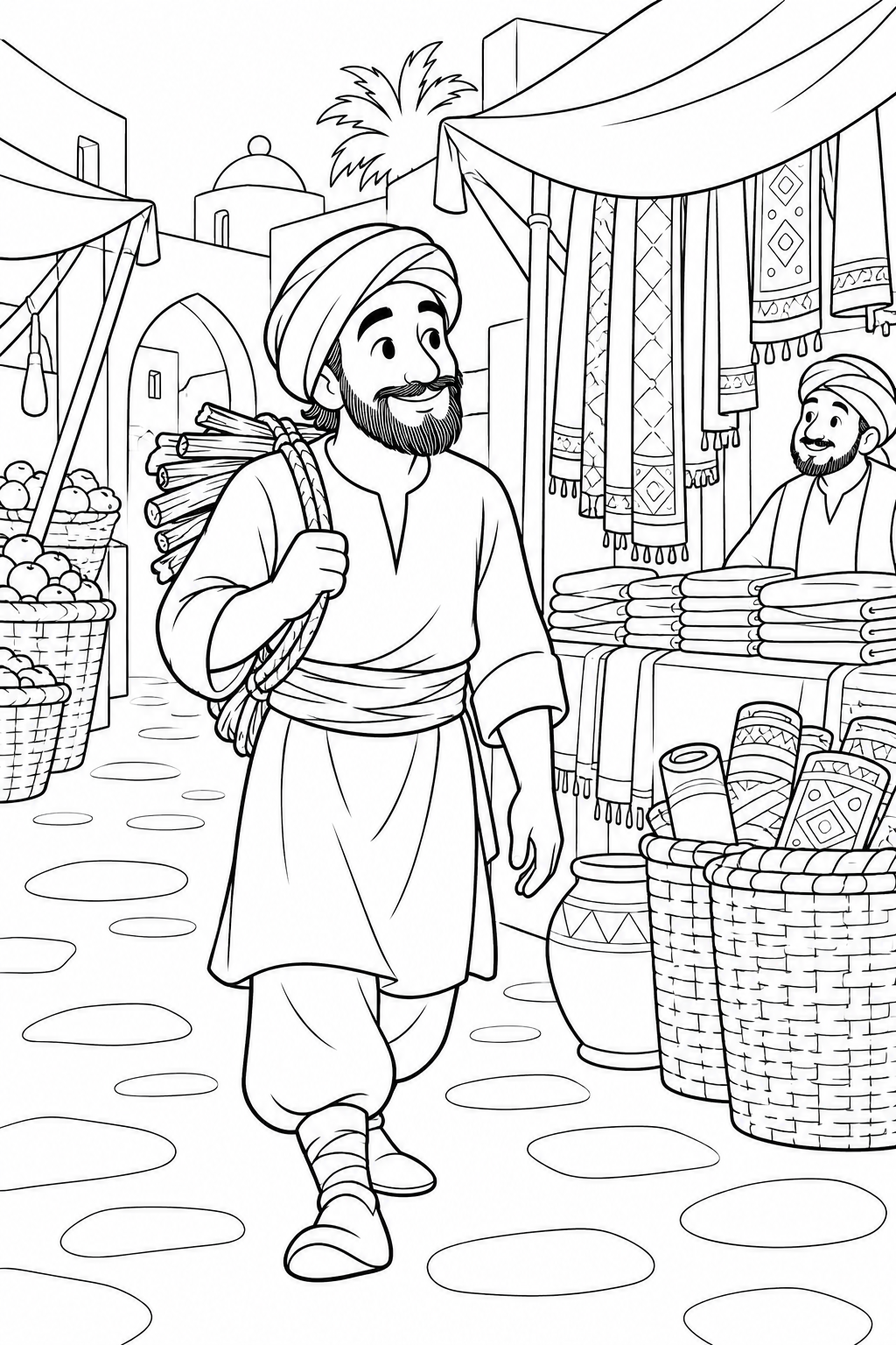 阿里巴巴与四十大盗：摆满布料的集市街道（温馨）涂色页