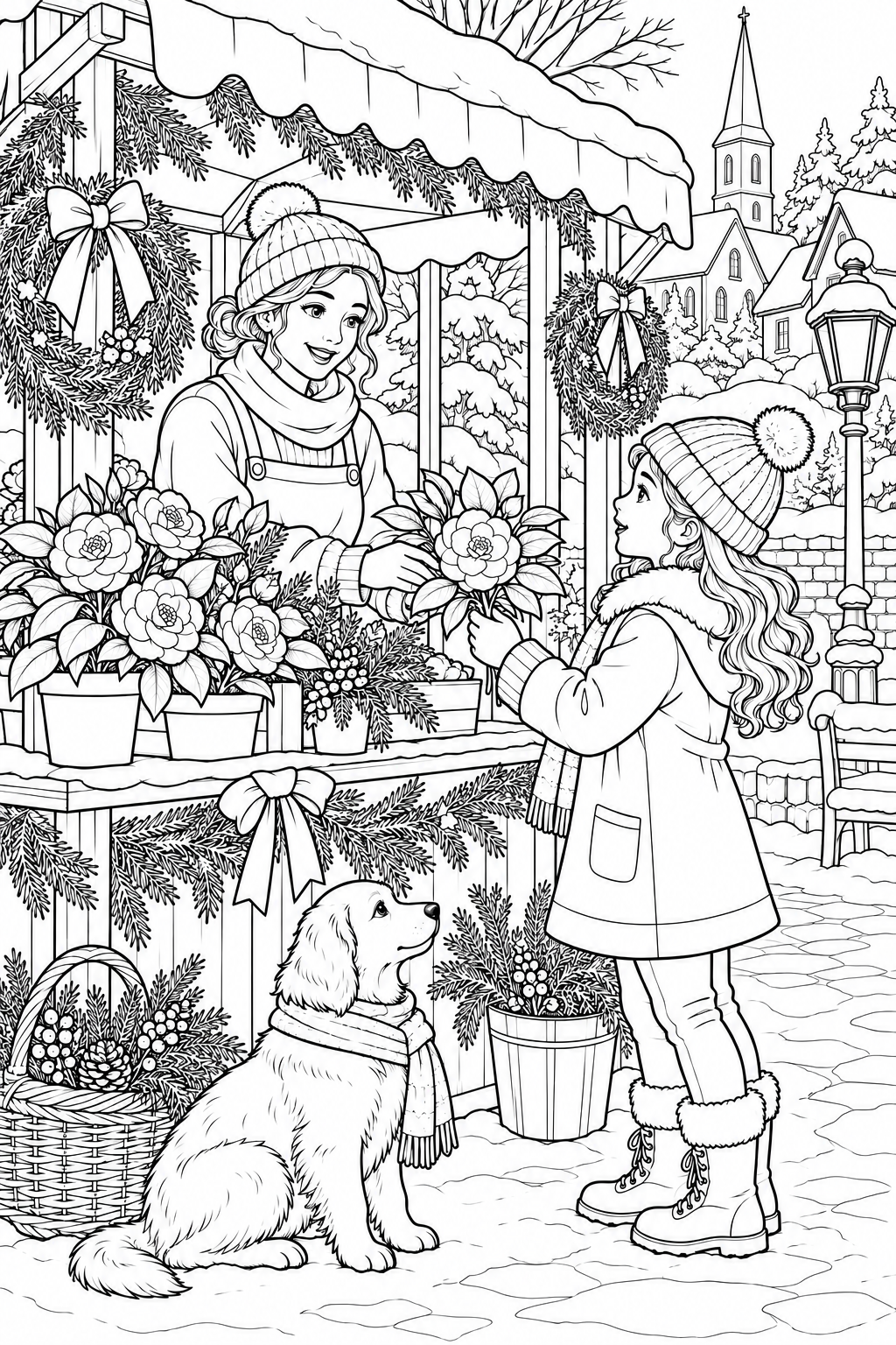 冬の花屋さんの小さな屋台の塗り絵