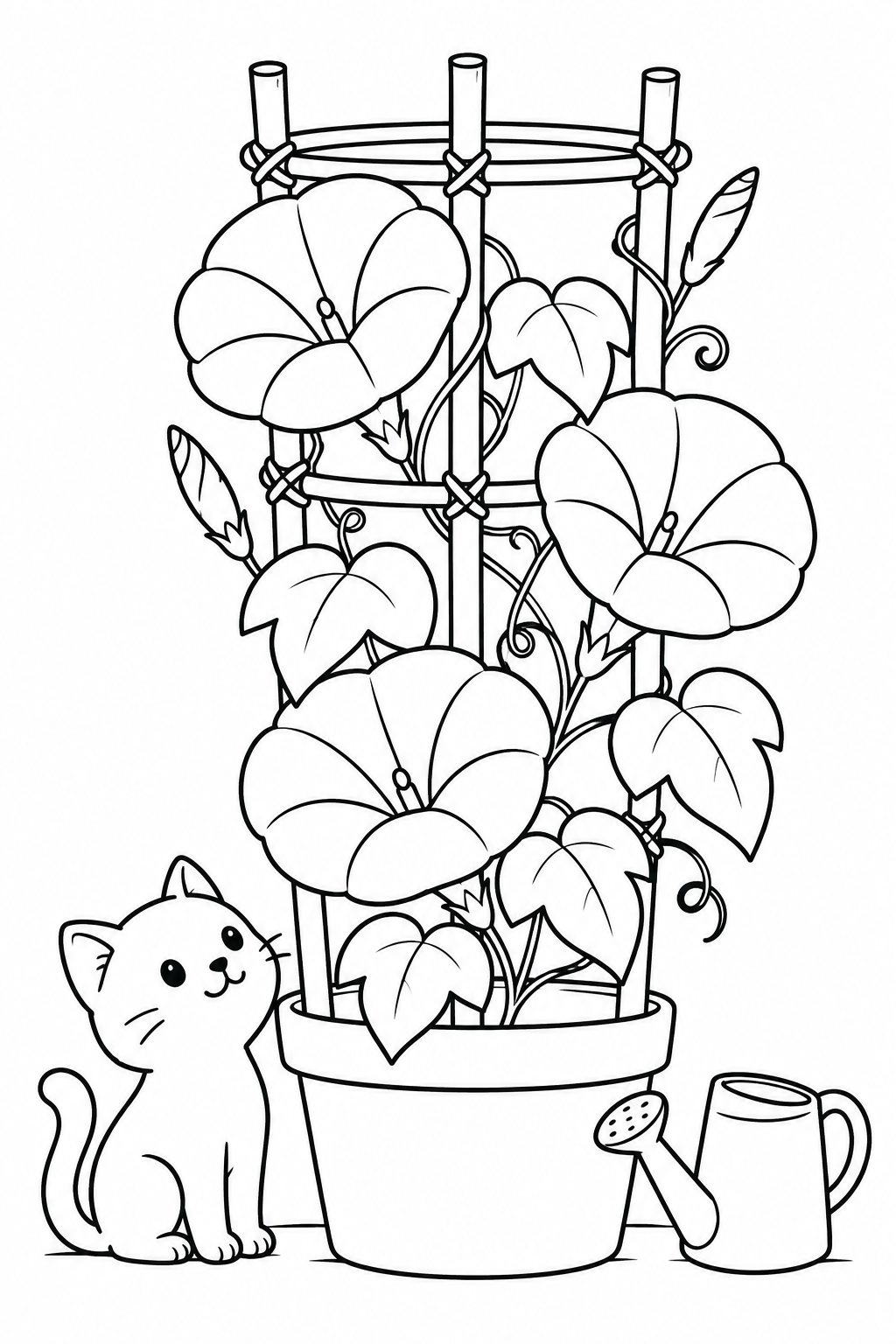 Morning glory climbing a bamboo support coloring page