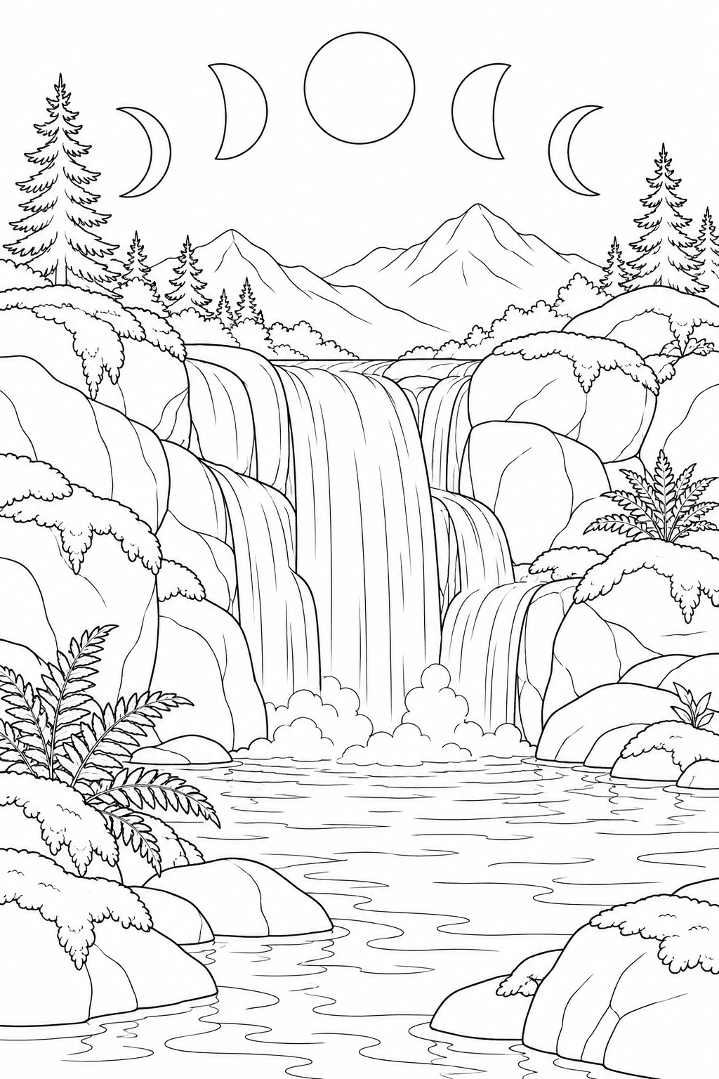 苔むした滝壺と月の満ち欠けの塗り絵