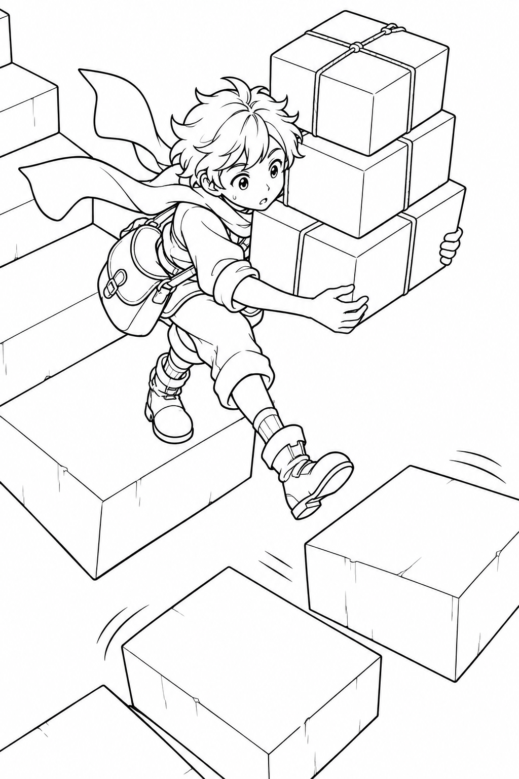 動く階段で荷物を運ぶ配達員の塗り絵