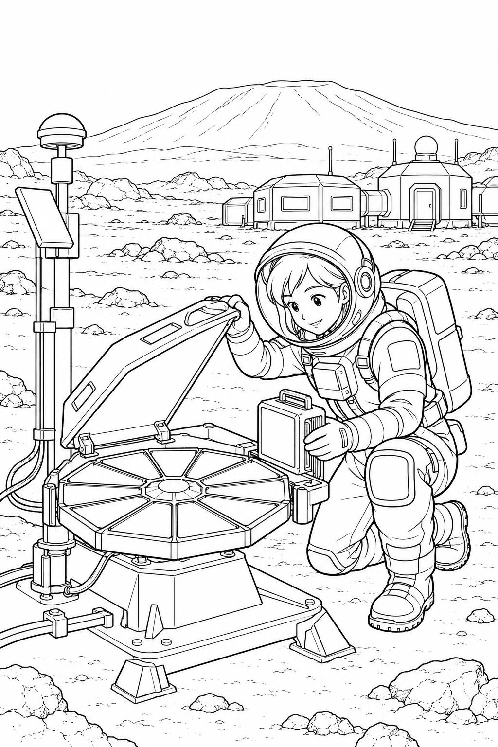火星の火山平原基地:宇宙のちりを集める装置の塗り絵