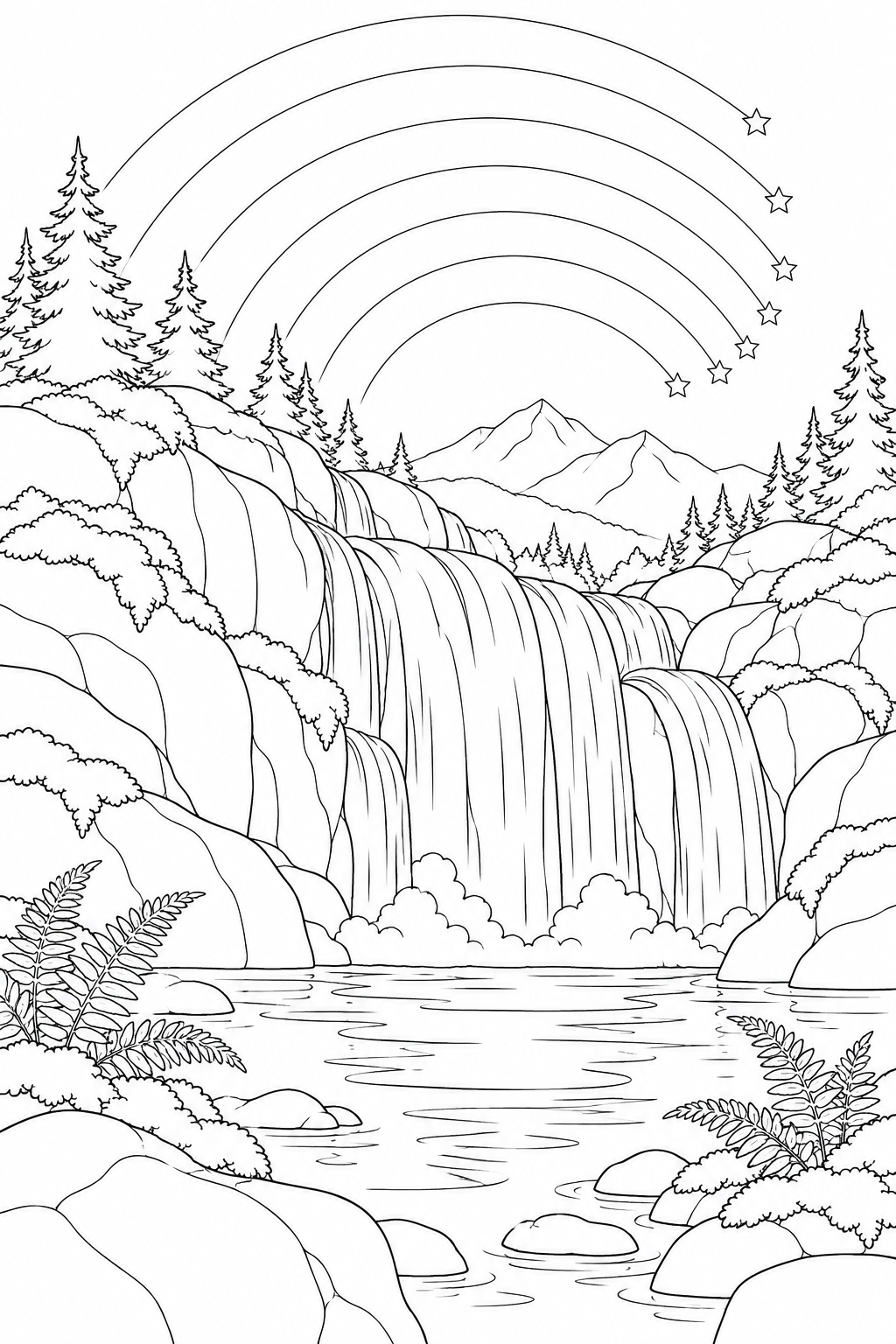 苔むした滝壺と星の軌跡の塗り絵