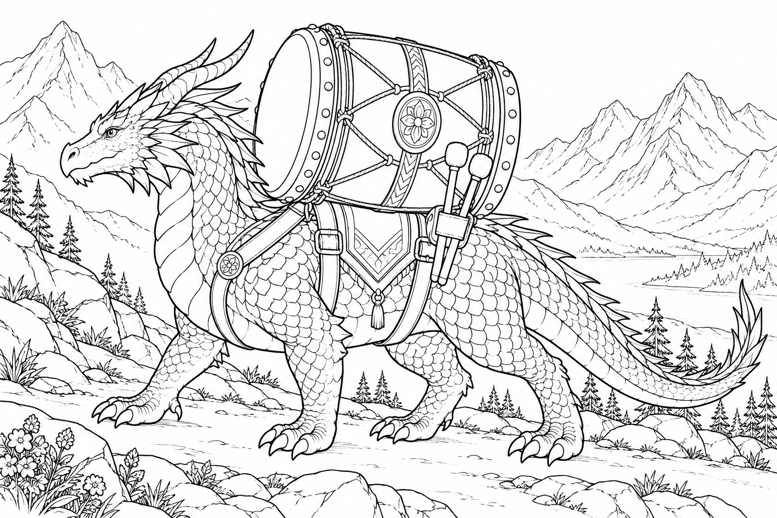 大太鼓を背負う山の竜の塗り絵