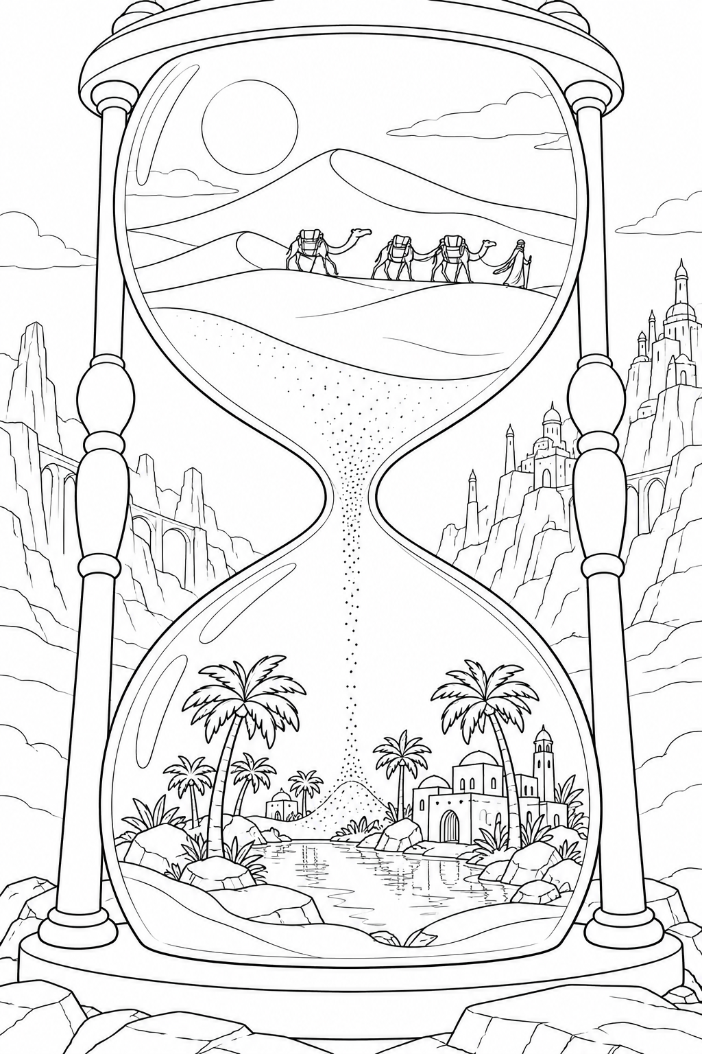 砂時計の中の砂漠の旅の塗り絵