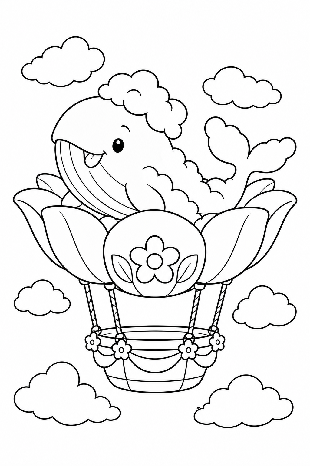Dibujo de La ballena de nubes en el dirigible de flores para colorear