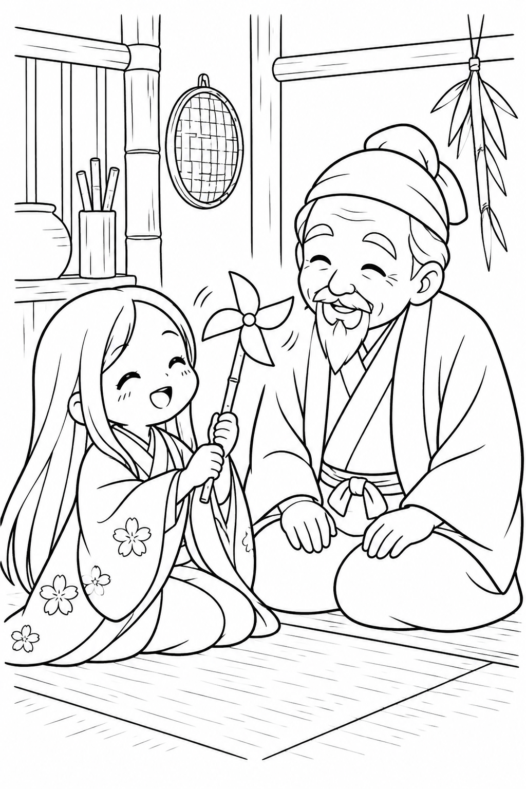 かぐや姫とおじいさんの竹のおもちゃの塗り絵