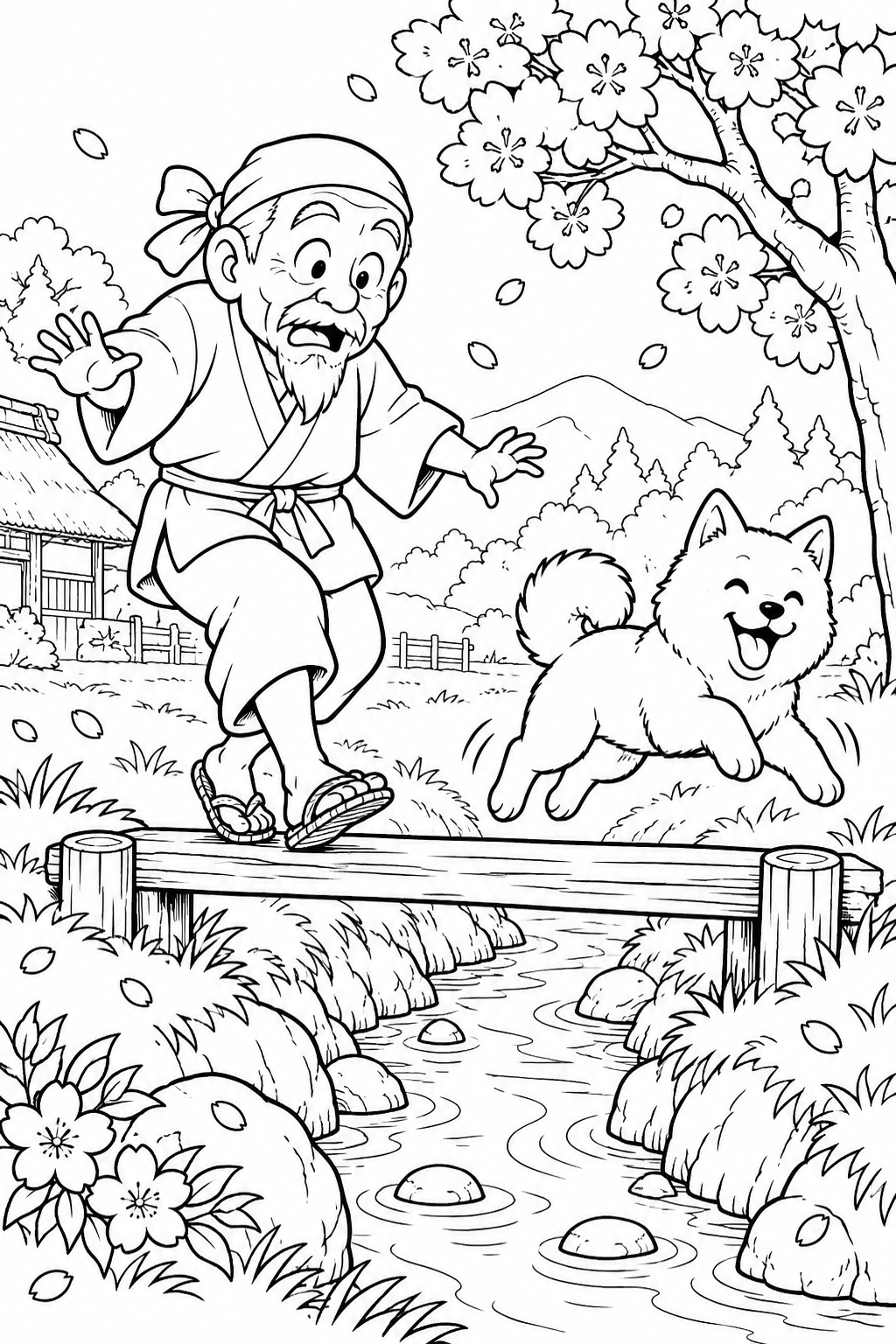 はなさかおじさん:橋を渡る間に犬はひとっとび(ギャグ)の塗り絵