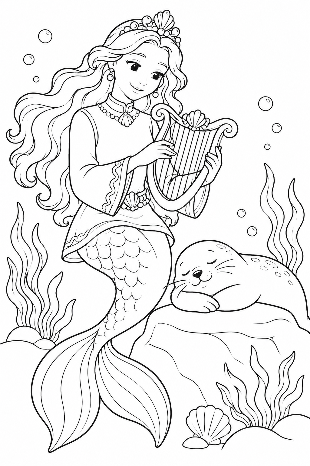 人魚姫：アザラシへのハープの子守歌の塗り絵