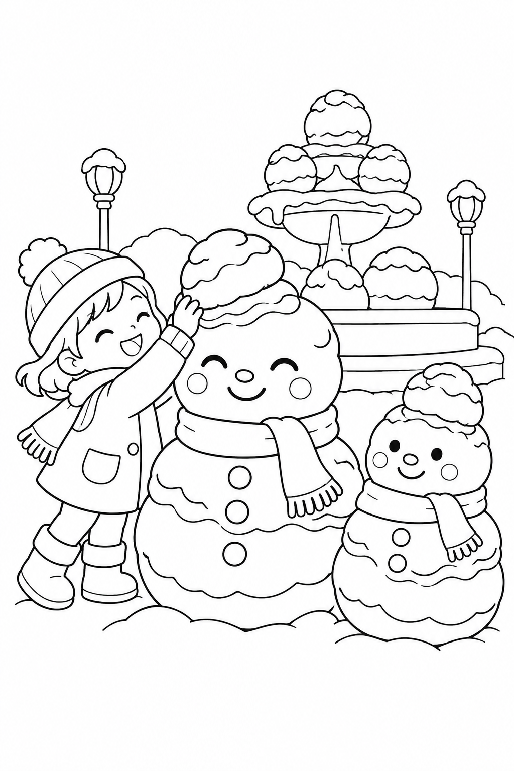 シュークリームの雪だるま広場の塗り絵