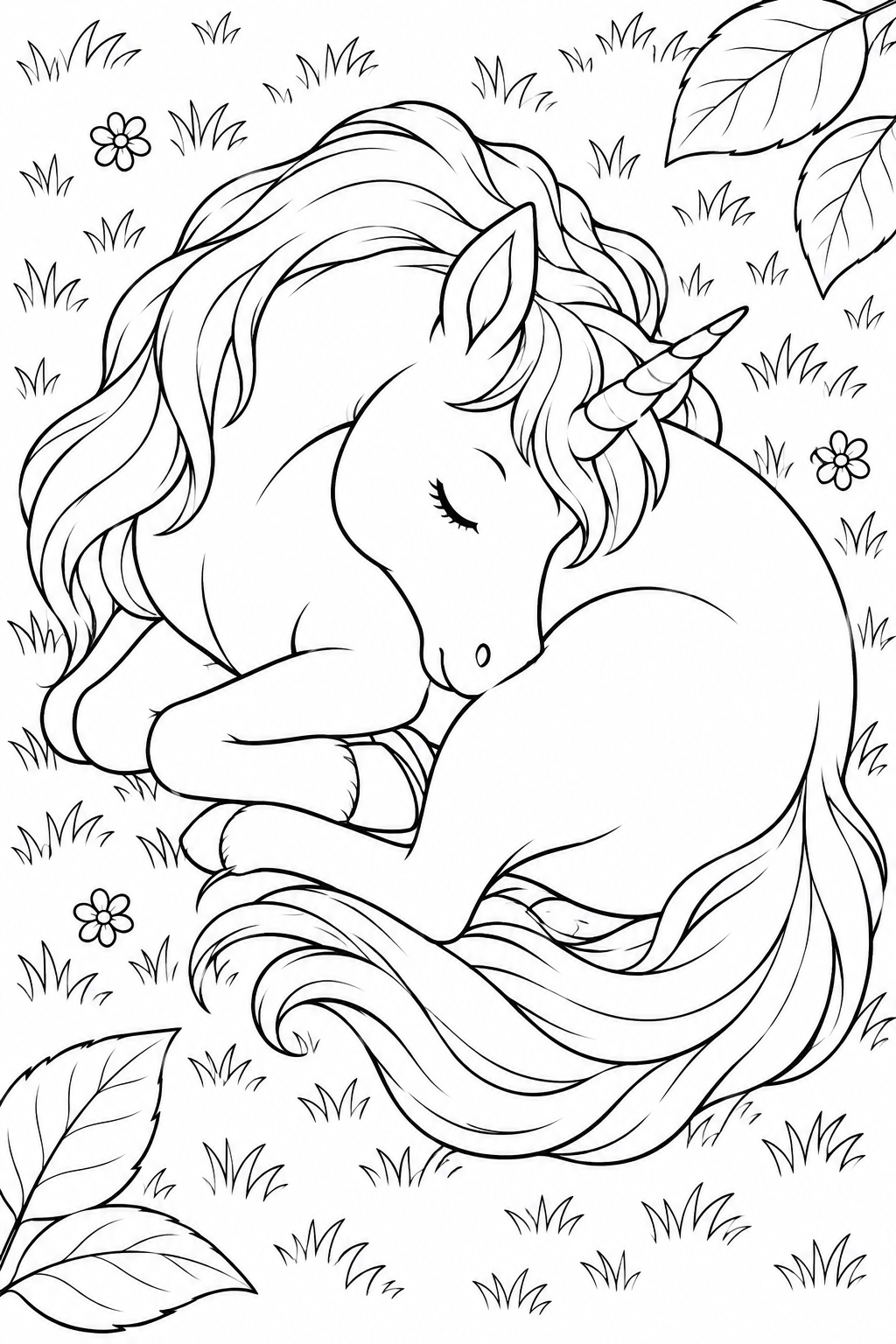 まるく眠るユニコーンの塗り絵
