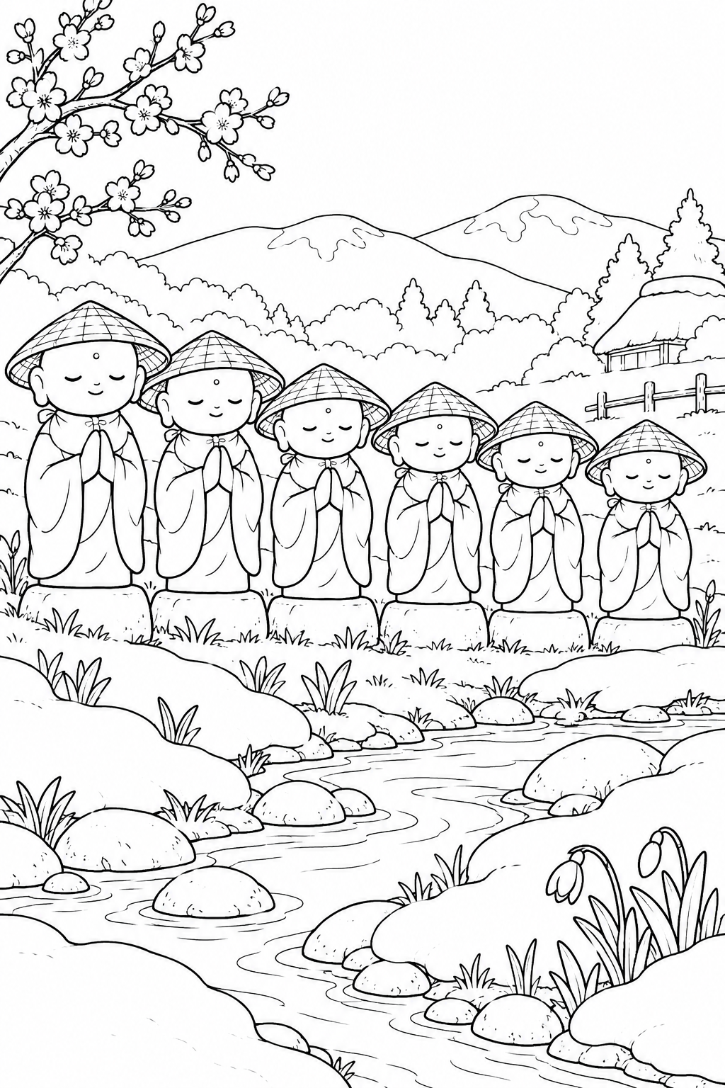 かさじぞう・春を待つ六つの笠の塗り絵