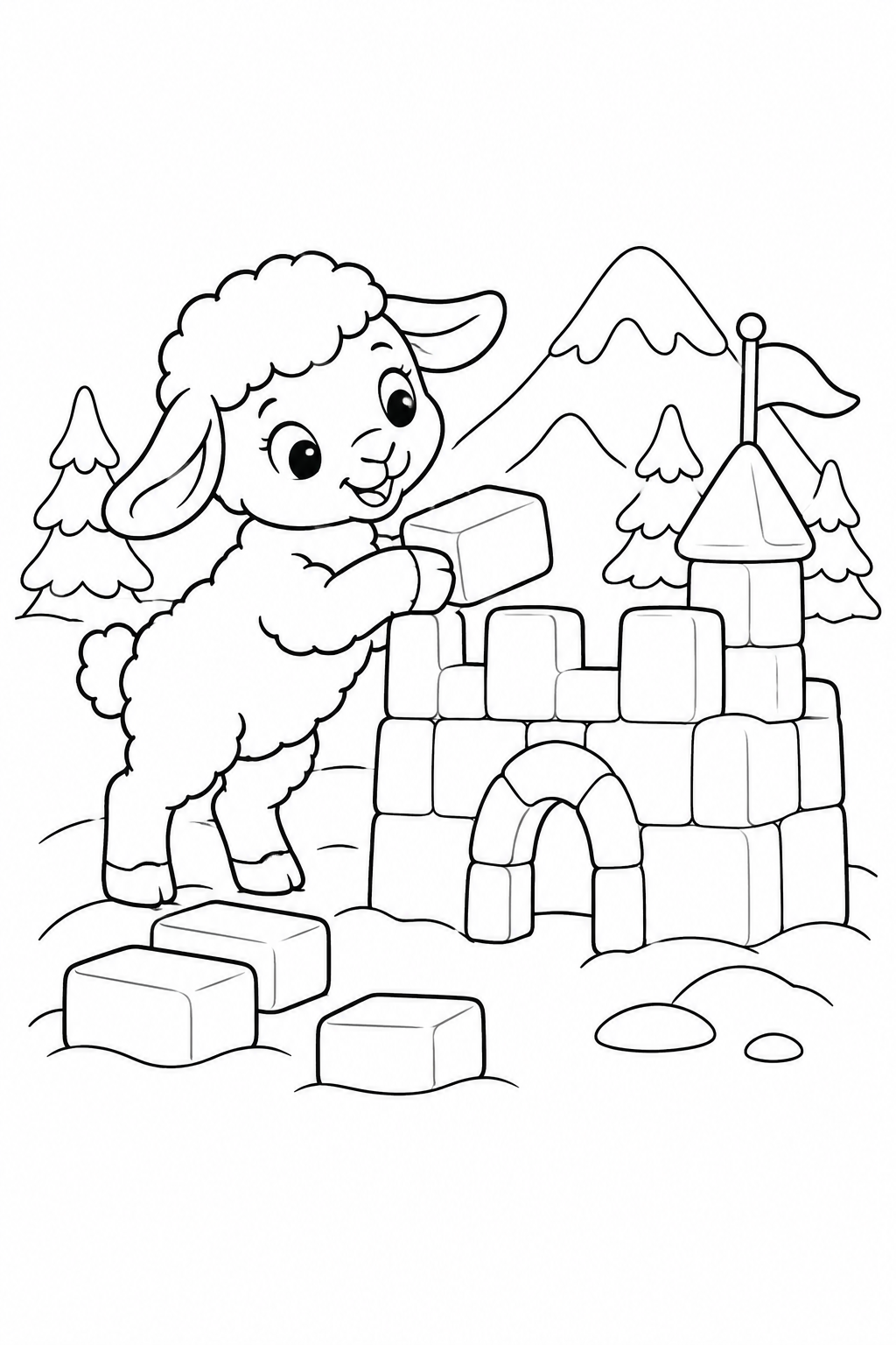 Coloriage L’agneau construit un château de glace