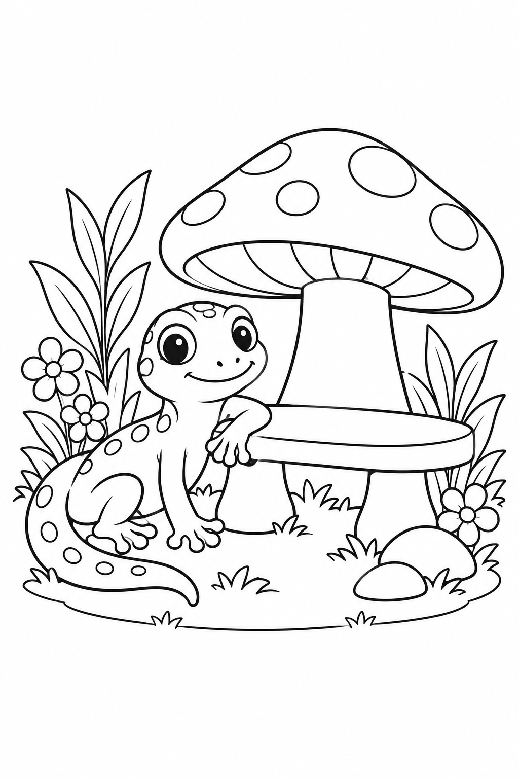 ヤモリときのこのベンチの塗り絵