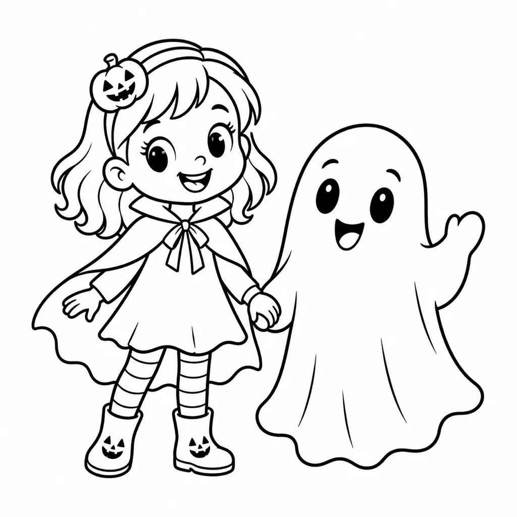 おばけとてをつなぐおんなのこの塗り絵